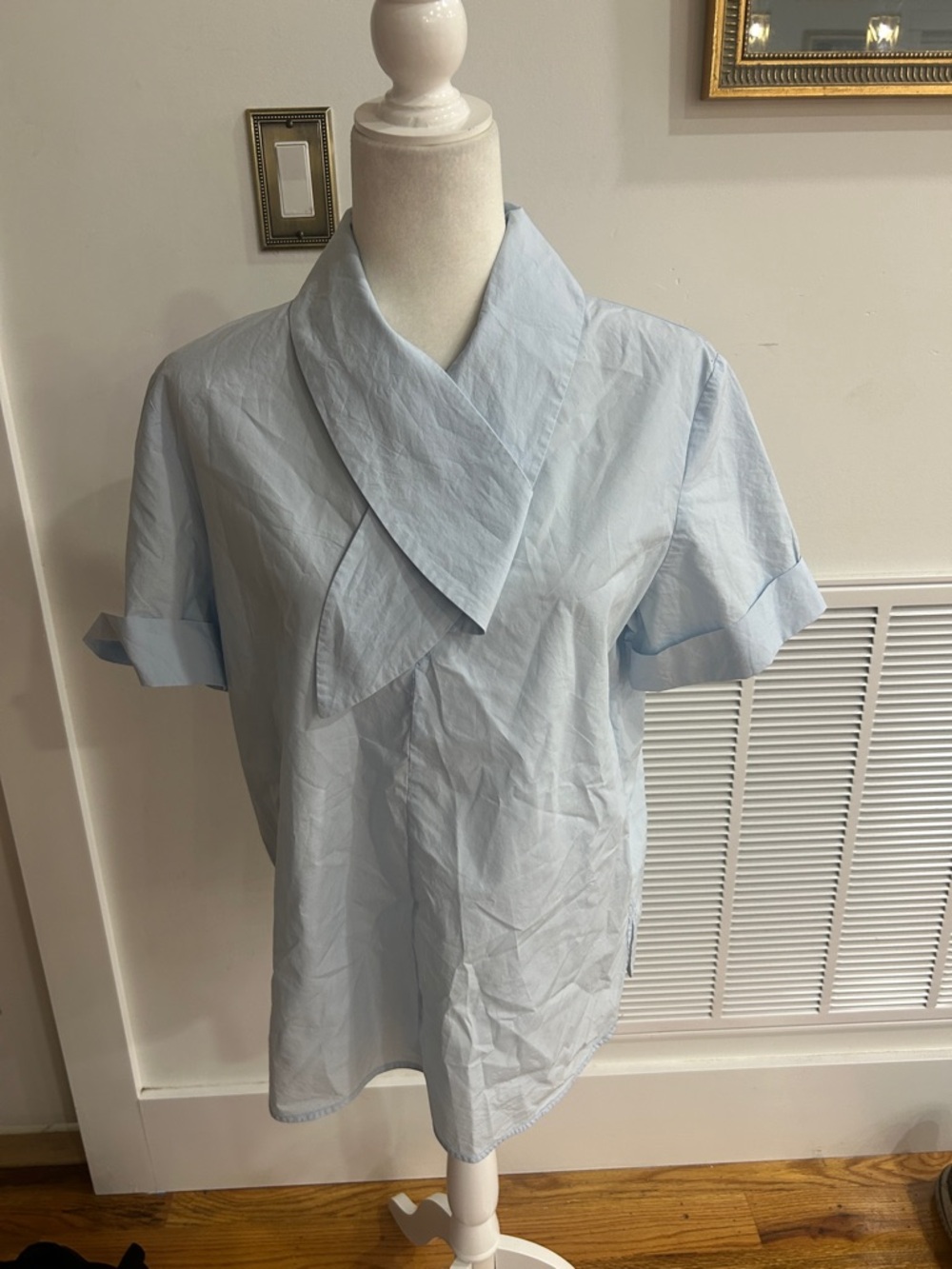 COS Light Blue Short-Sleeve Draped Collar Top